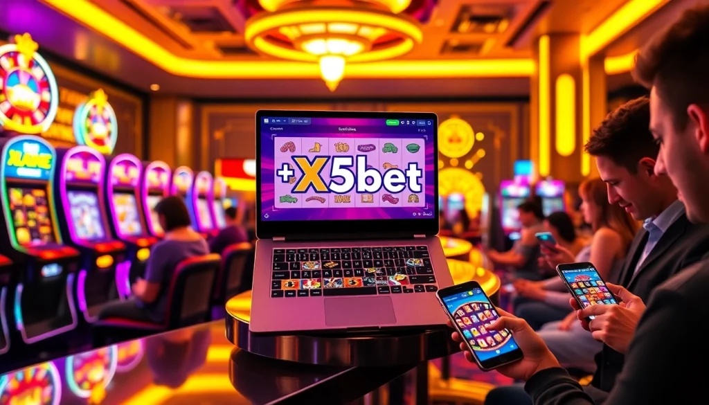 Experience excitement with Slot X5bet as players engage in vibrant online gaming showcased on sleek devices.